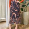 Saia Feminina Midi Amber Tule Estampa Mármore Marrom - Fernanda Ramos Store