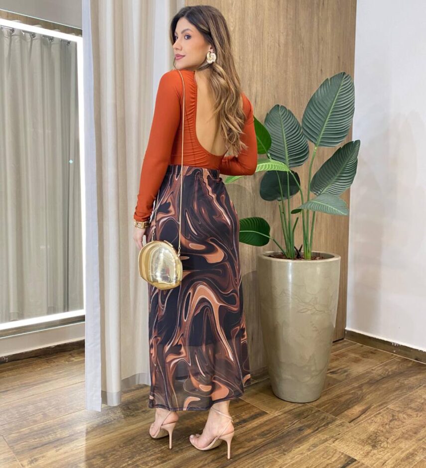Saia Feminina Midi Amber Tule Estampa Mármore Marrom - Fernanda Ramos Store