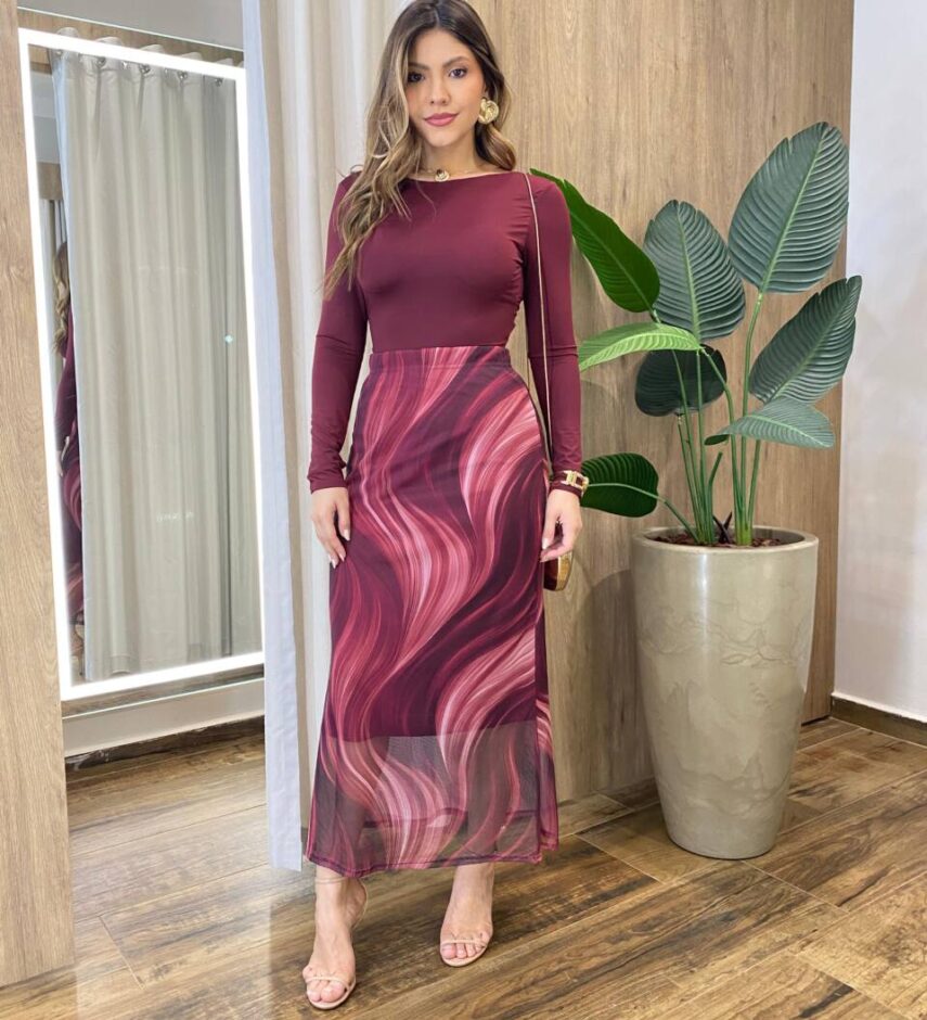 Saia Feminina Midi Amber Tule Estampa Mármore Vinho - Fernanda Ramos Store