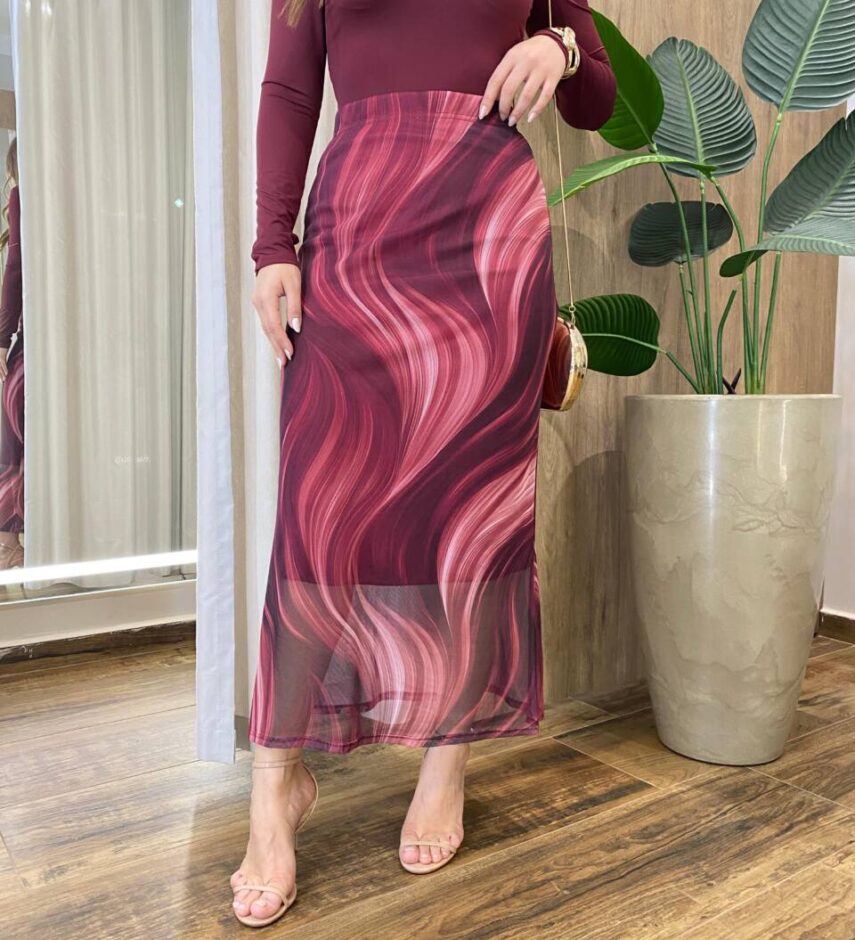 Saia Feminina Midi Amber Tule Estampa Mármore Vinho - Fernanda Ramos Store