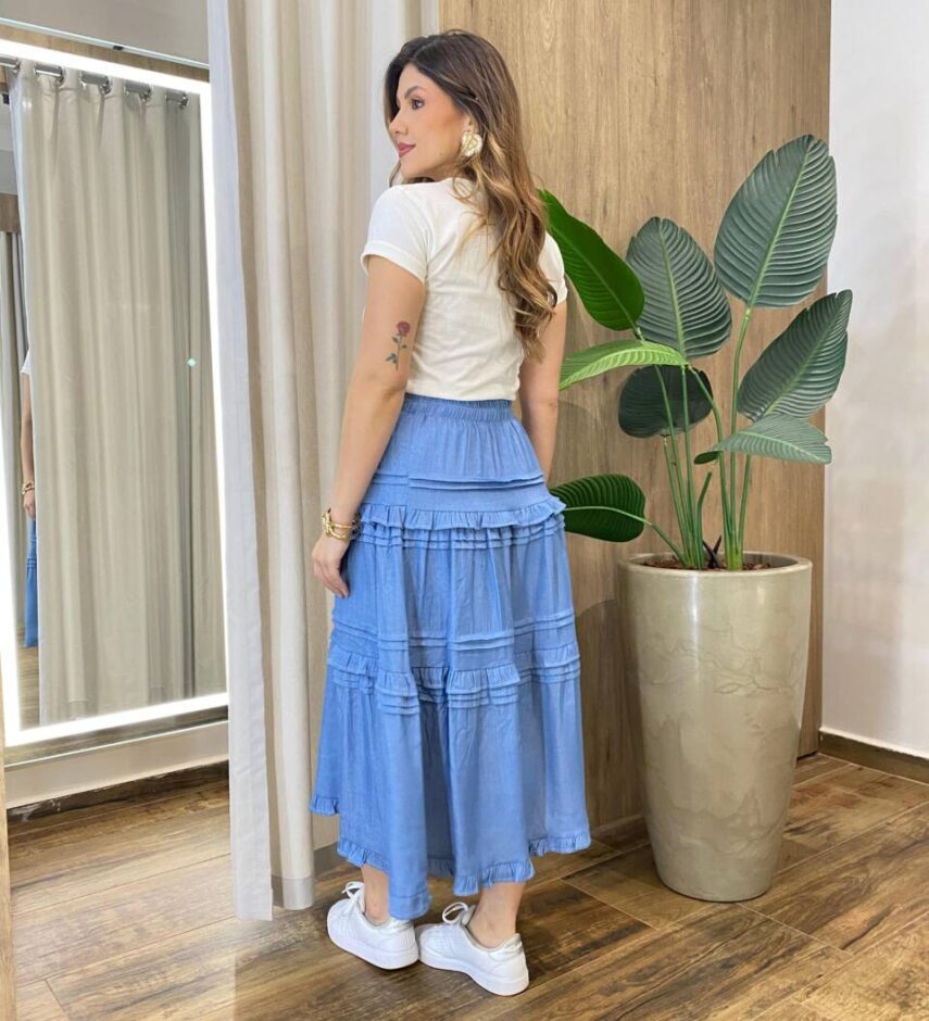 Saia Feminina Midi Isadora com Detalhes em Babados Azul - Fernanda Ramos Store