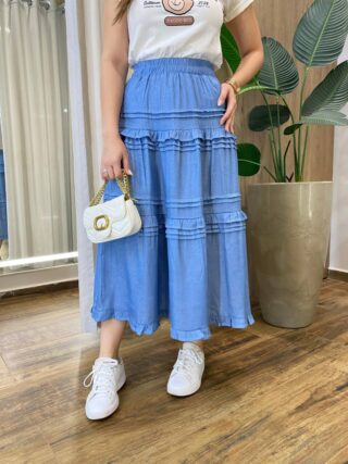 Saia Feminina Midi Isadora com Detalhes em Babados Azul - Fernanda Ramos Store