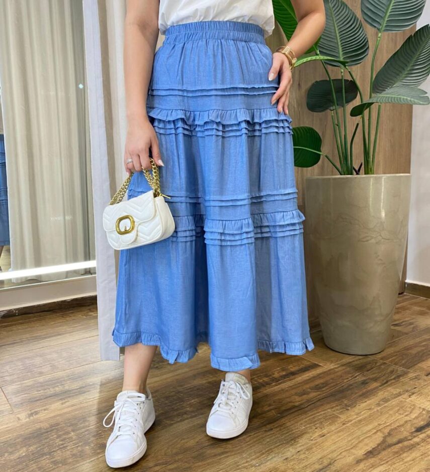 Saia Feminina Midi Isadora com Detalhes em Babados Azul - Fernanda Ramos Store