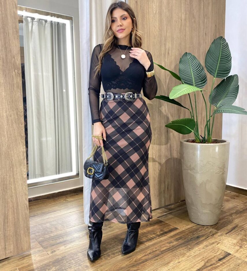 Saia Feminina Midi Manu Tule Estampa Xadrez Marrom - Fernanda Ramos Store