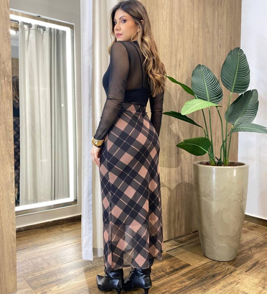 Saia Feminina Midi Manu Tule Estampa Xadrez Marrom - Fernanda Ramos Store