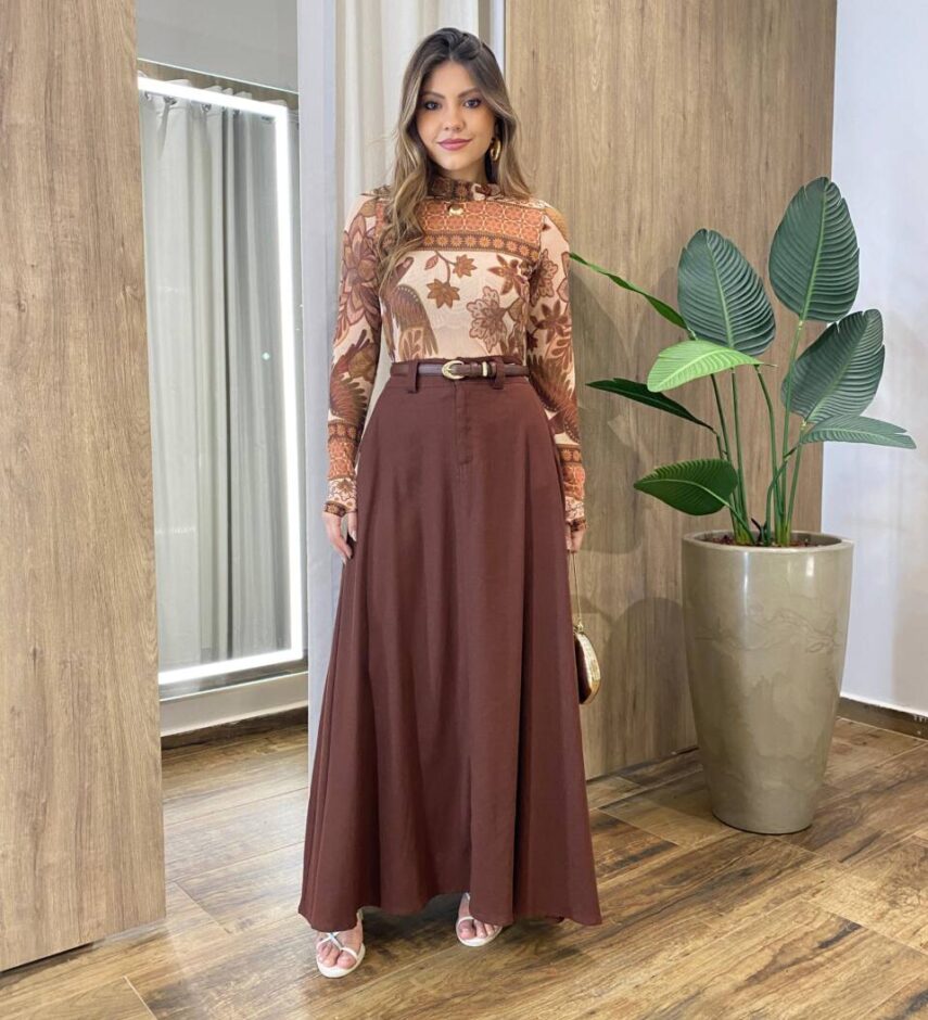 Saia Longa Feminina Elza com Zíper e Botão Chocolate - Fernanda Ramos Store