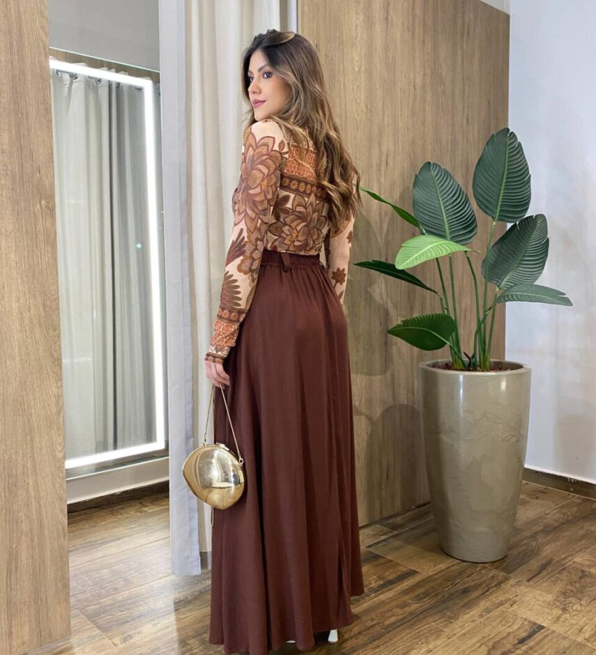 Saia Longa Feminina Elza com Zíper e Botão Chocolate - Fernanda Ramos Store