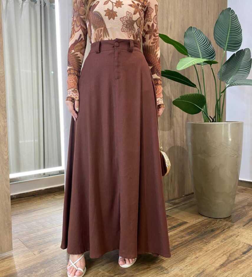Saia Longa Feminina Elza com Zíper e Botão Chocolate - Fernanda Ramos Store