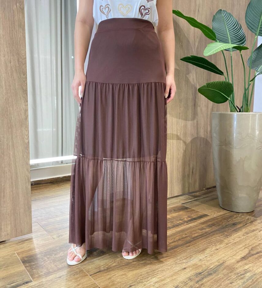 Saia Longa Feminina em Tule com Transparência Marrom - Fernanda Ramos Store