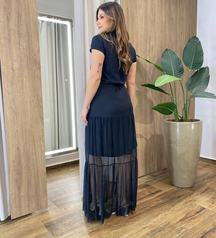 Saia Longa Feminina em Tule com Transparência Preta - Fernanda Ramos Store