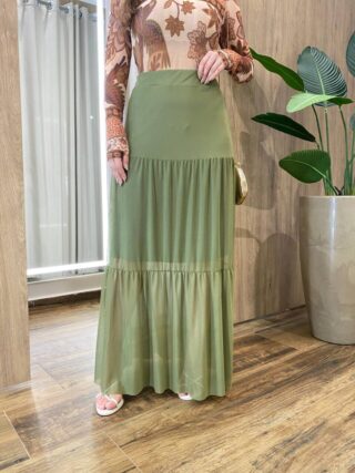 Saia Longa Feminina em Tule com Transparência Verde Oliva - Fernanda Ramos Store