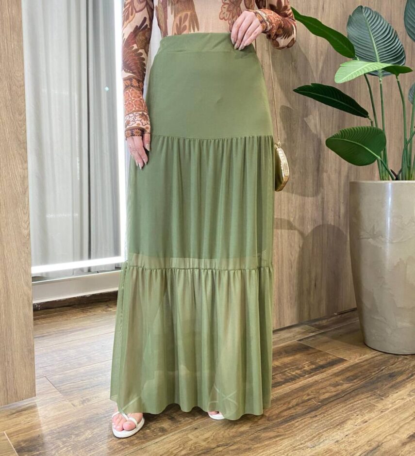 Saia Longa Feminina em Tule com Transparência Verde Oliva - Fernanda Ramos Store