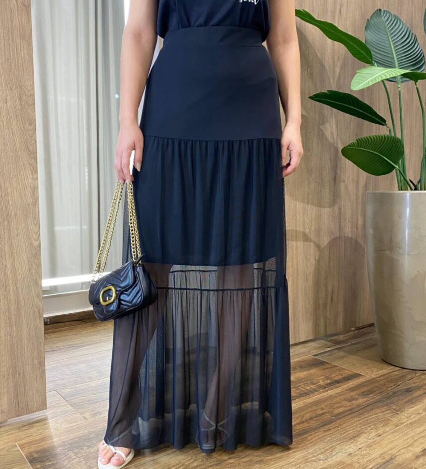 Saia Longa Feminina em Tule com Transparência Preta - Fernanda Ramos Store