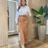 Saia Longa Feminina Vera com Cinto e Bolsos Couro Eco Caramelo - Fernanda Ramos Store
