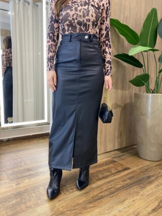 Saia Longa Feminina Vera com Cinto e Bolsos Couro Eco Preta - Fernanda Ramos Store