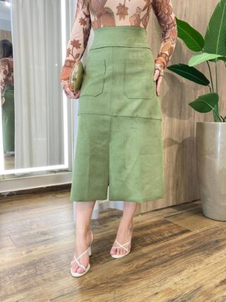 Saia Midi Feminina Aria em Suede Bolso Frontal Verde - Fernanda Ramos Store
