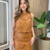 Short Saia Feminino Paula Detalhes em Guipir Couro Eco Caramelo - Fernanda Ramos Store