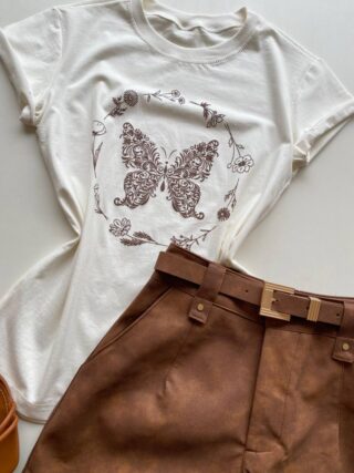 T-shirt Feminina Manga Curta Estampada Borboleta Off White - Fernanda Ramos Store