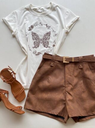 T-shirt Feminina Manga Curta Estampada Borboleta Off White - Fernanda Ramos Store