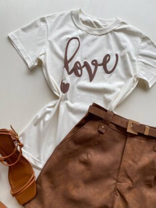 T-shirt Feminina Manga Curta Estampada Love Off White - Fernanda Ramos Store