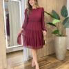 Vestido Feminino Curto Margarida Manga Longa Bordô - Fernanda Ramos Store