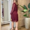 Vestido Feminino Curto Margarida Manga Longa Bordô - Fernanda Ramos Store