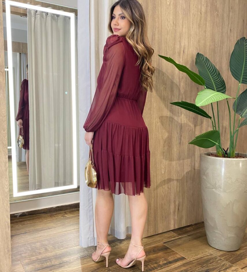 Vestido Feminino Curto Margarida Manga Longa Bordô - Fernanda Ramos Store