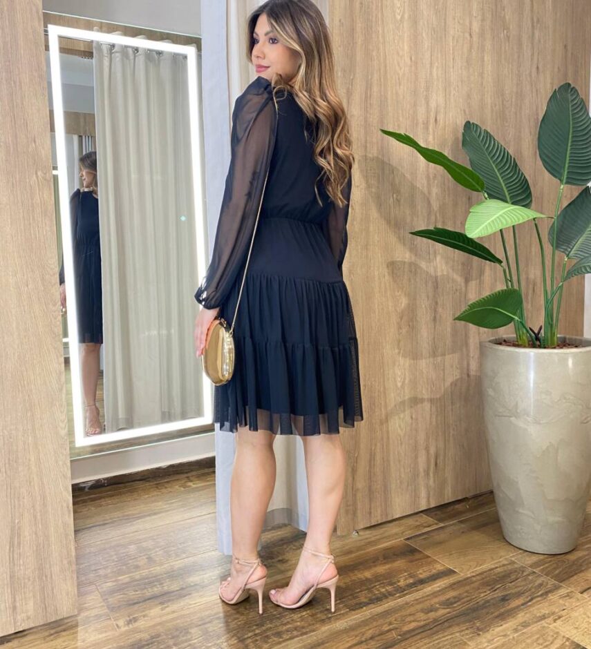 Vestido Feminino Curto Margarida Manga Longa Preto Liso - Fernanda Ramos Store