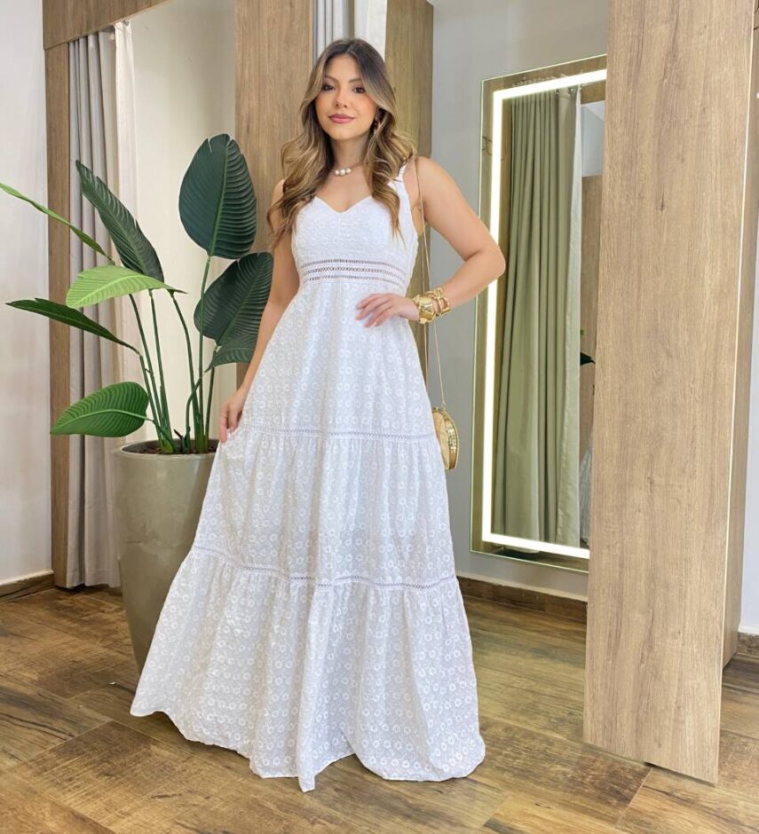 Vestido Feminino Longo Auria com Bojo Detalhe em Guipir Branco - Fernanda Ramos Store