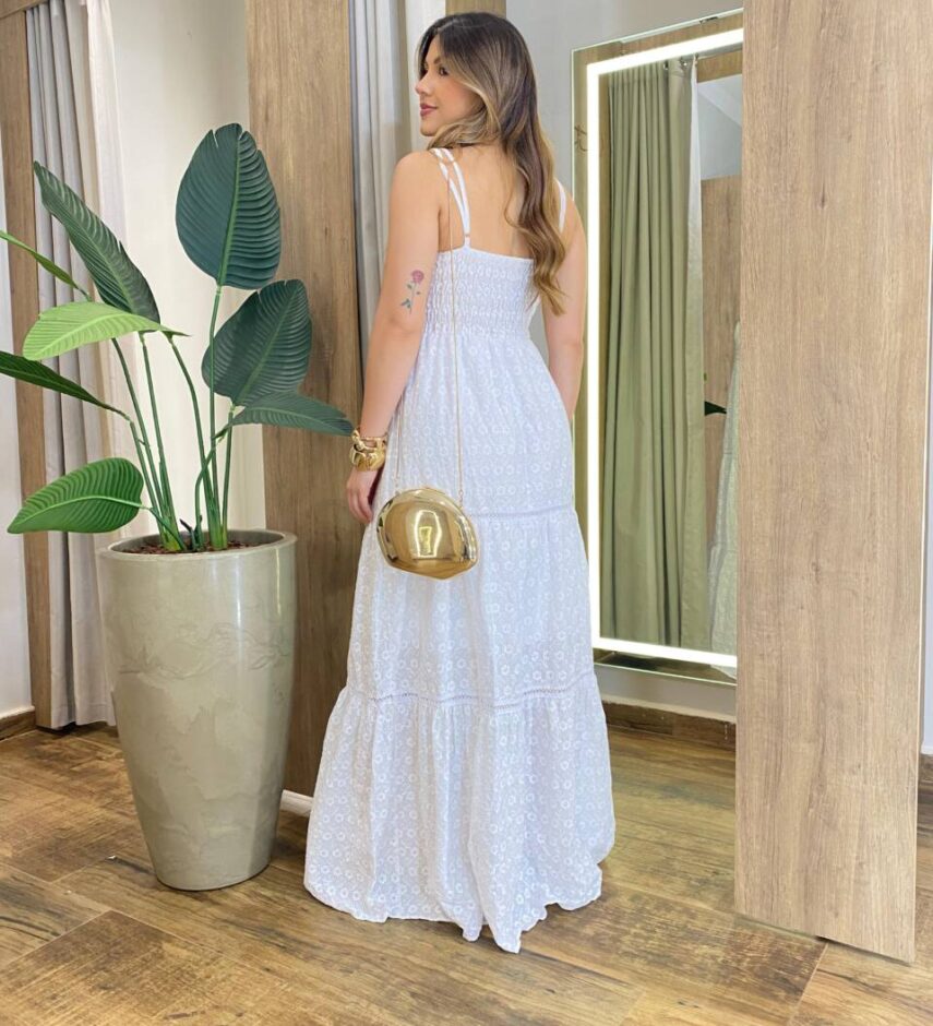 Vestido Feminino Longo Auria com Bojo Detalhe em Guipir Branco - Fernanda Ramos Store