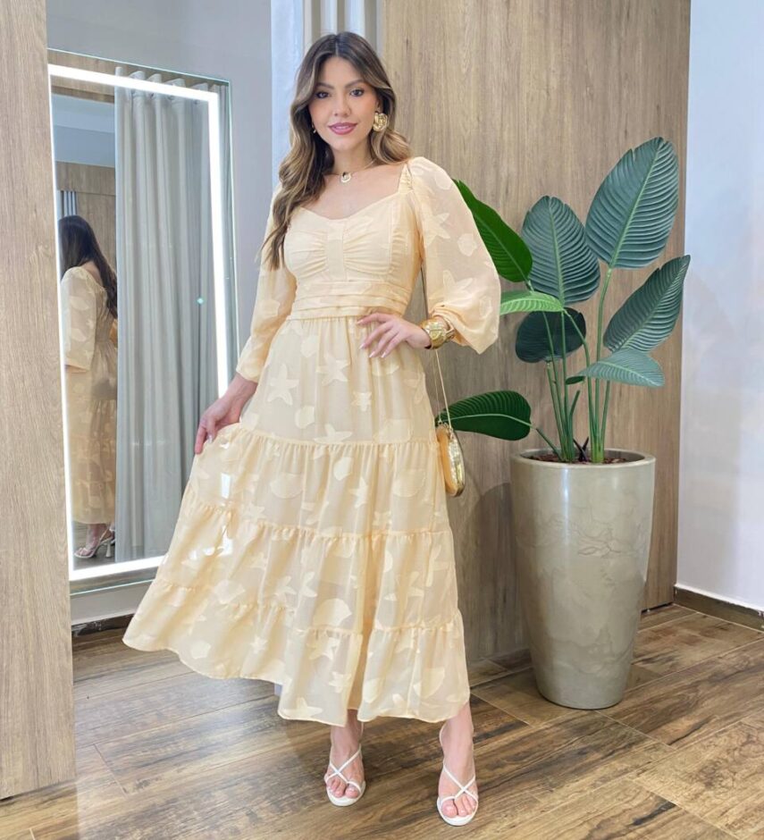 Vestido Longo sem Bojo Manga Longa com Detalhes Bordado Salmão - Fernanda Ramos Store