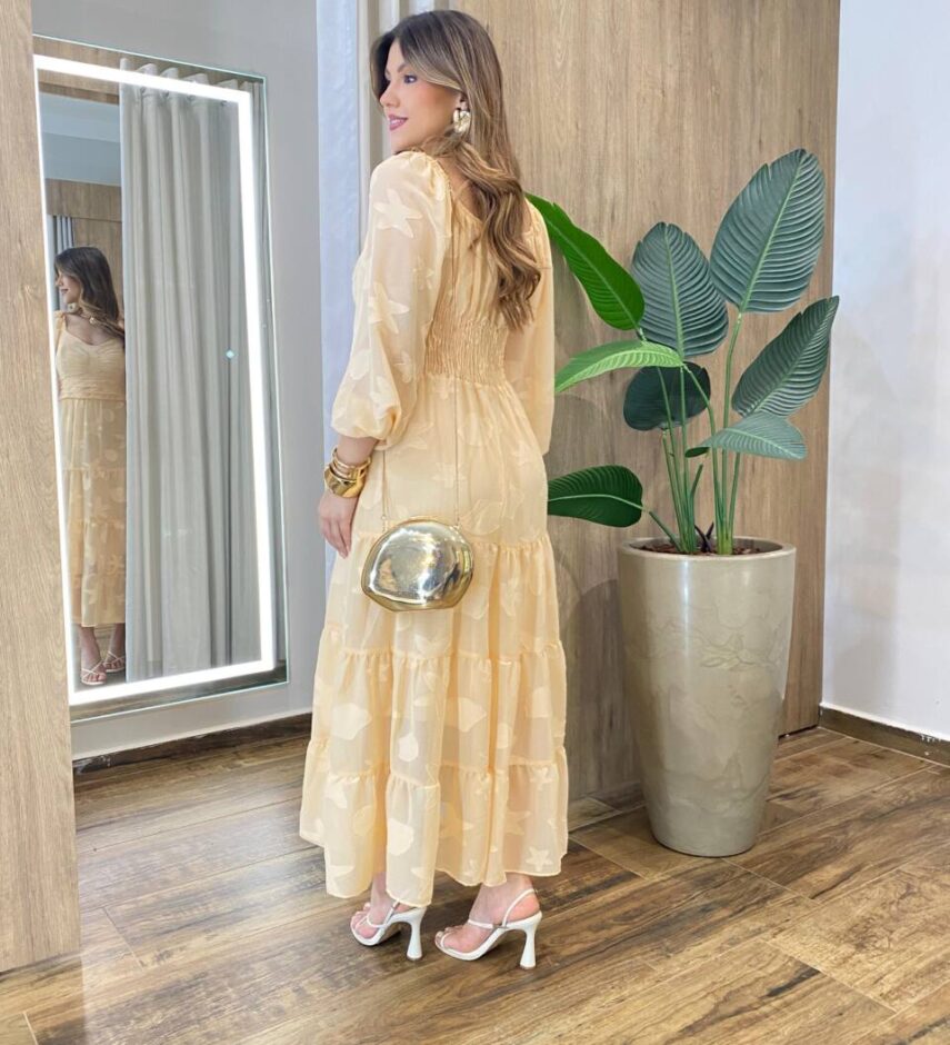 Vestido Longo sem Bojo Manga Longa com Detalhes Bordado Salmão - Fernanda Ramos Store