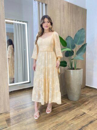 Vestido Longo sem Bojo Manga Longa com Detalhes Bordado Salmão - Fernanda Ramos Store