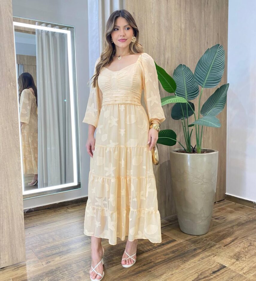 Vestido Longo sem Bojo Manga Longa com Detalhes Bordado Salmão - Fernanda Ramos Store