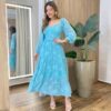 Vestido Longo sem Bojo Manga Longa com Detalhes Bordado Verde Água - Fernanda Ramos Store