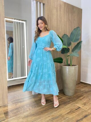 Vestido Longo sem Bojo Manga Longa com Detalhes Bordado Verde Água - Fernanda Ramos Store