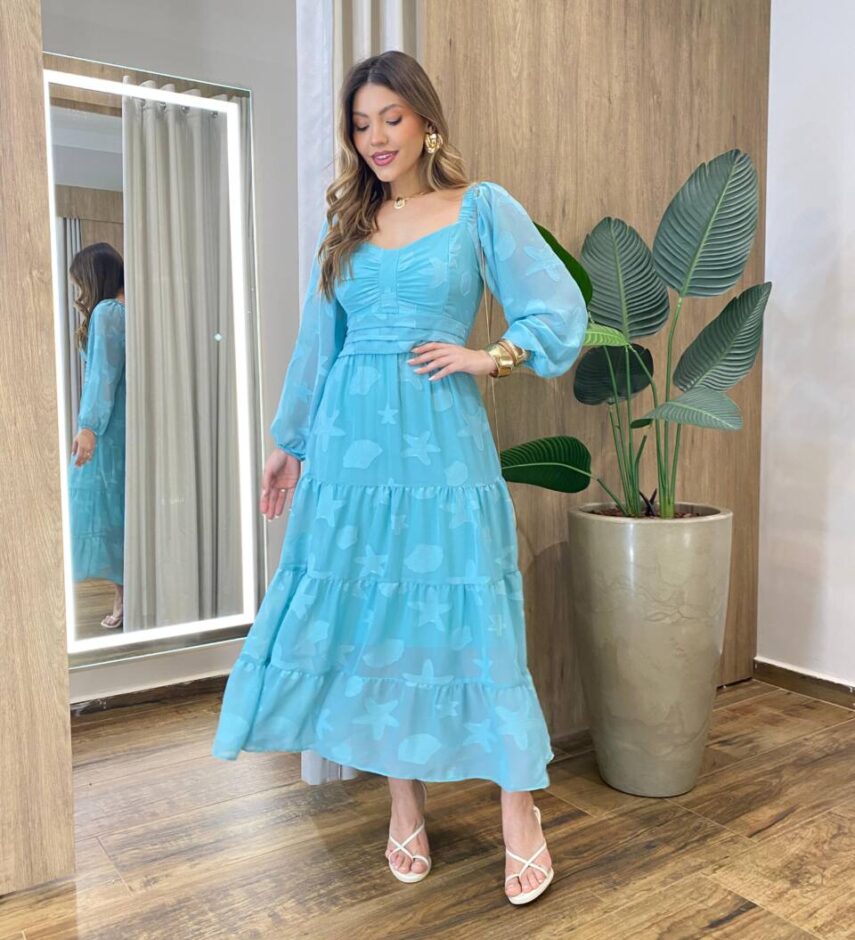 Vestido Longo sem Bojo Manga Longa com Detalhes Bordado Verde Água - Fernanda Ramos Store