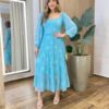 Vestido Longo sem Bojo Manga Longa com Detalhes Bordado Verde Água - Fernanda Ramos Store