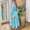 Vestido Longo sem Bojo Manga Longa com Detalhes Bordado Verde Água - Fernanda Ramos Store