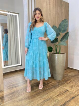 Vestido Longo sem Bojo Manga Longa com Detalhes Bordado Verde Água - Fernanda Ramos Store