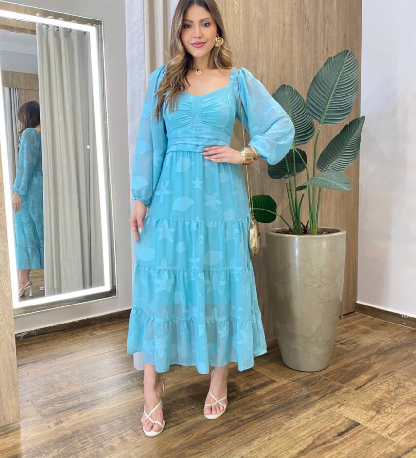 Vestido Longo sem Bojo Manga Longa com Detalhes Bordado Verde Água - Fernanda Ramos Store