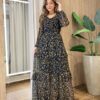 Vestido Longo sem Bojo Manga Longa em Tule com Babado Estampa Ocre - Fernanda Ramos Store