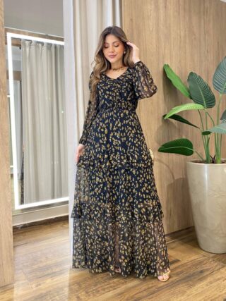 Vestido Longo sem Bojo Manga Longa em Tule com Babado Estampa Ocre - Fernanda Ramos Store