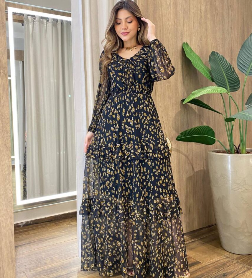 Vestido Longo sem Bojo Manga Longa em Tule com Babado Estampa Ocre - Fernanda Ramos Store