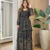 Vestido Longo sem Bojo Manga Longa em Tule com Babado Estampa Ocre - Fernanda Ramos Store