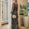 Vestido Longo sem Bojo Manga Longa em Tule com Babado Estampa Ocre - Fernanda Ramos Store