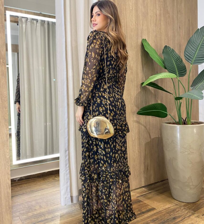 Vestido Longo sem Bojo Manga Longa em Tule com Babado Estampa Ocre - Fernanda Ramos Store
