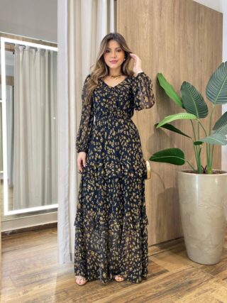 Vestido Longo sem Bojo Manga Longa em Tule com Babado Estampa Ocre - Fernanda Ramos Store