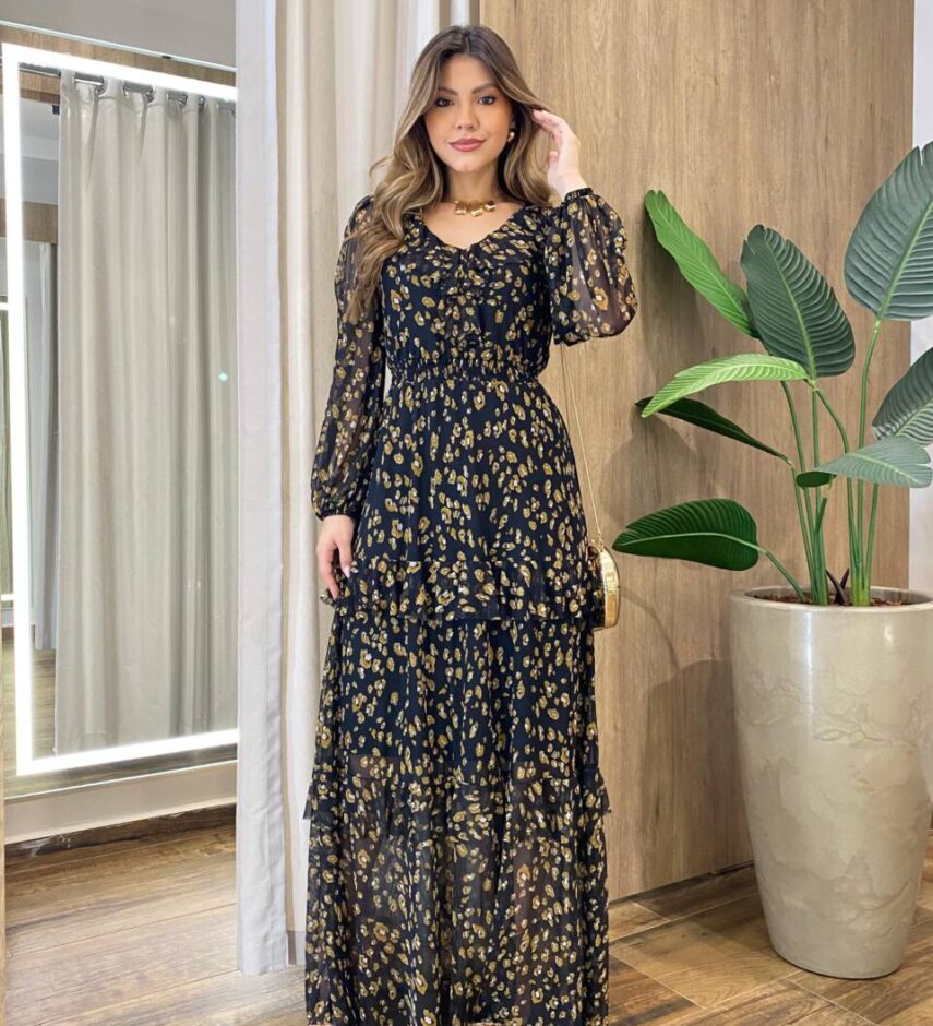 Vestido Longo sem Bojo Manga Longa em Tule com Babado Estampa Ocre - Fernanda Ramos Store
