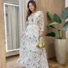Vestido Longo sem Bojo Manga Longa em Tule com Babado Off Popcorn - Fernanda Ramos Store